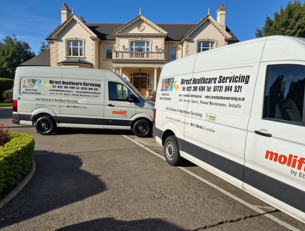Direct Healthcare Servicing vans, parked outside a carehome